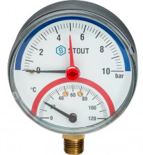 Термоманометр радиальный с автоматическим запорным клапаном, Корпус Ø 80 мм, 0-10 бар, 1/2" STOUT